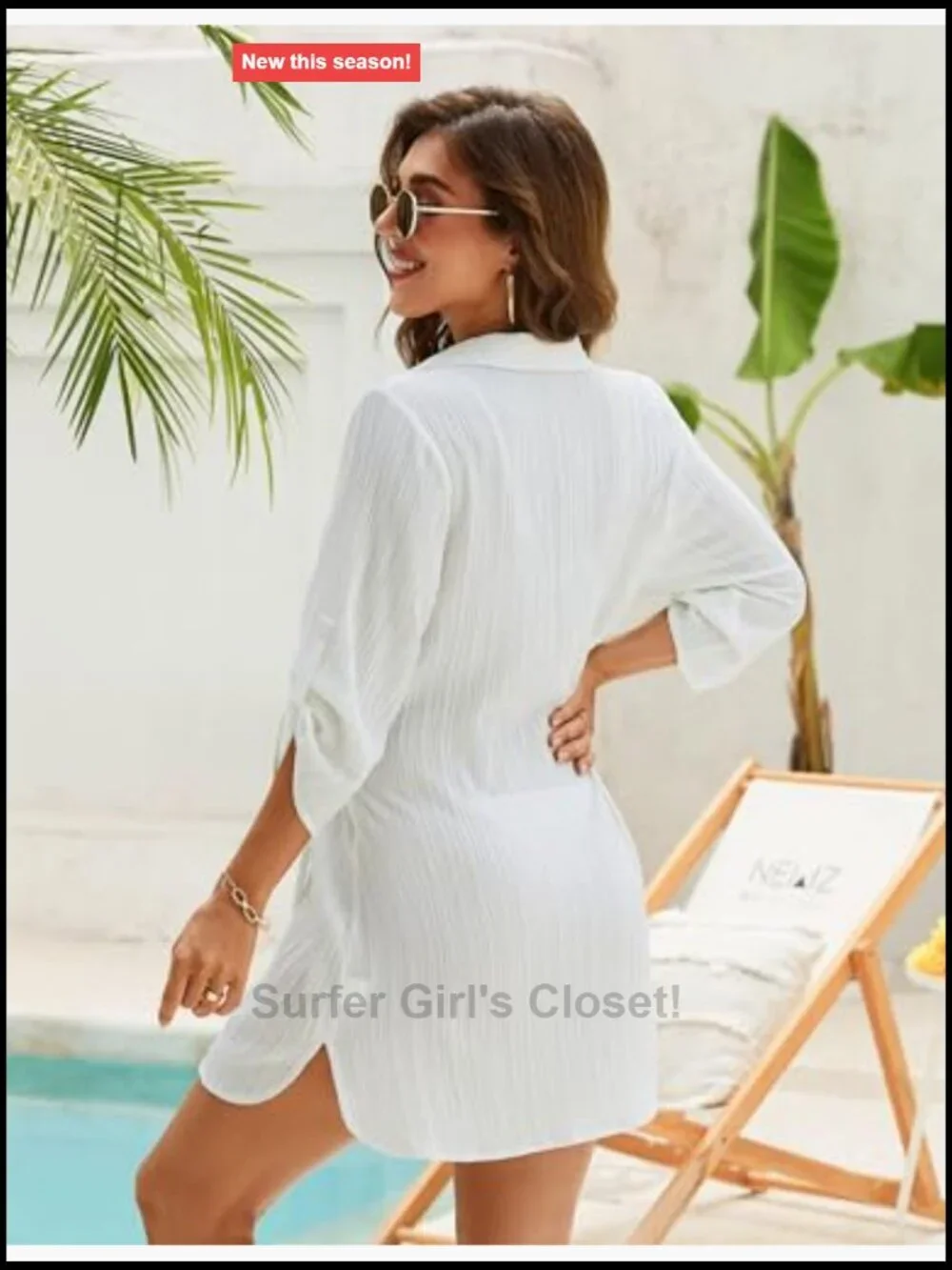 Women's Swimsuit Cover Up Tie Side Beach Dress Shirt 3/4 Sleeve